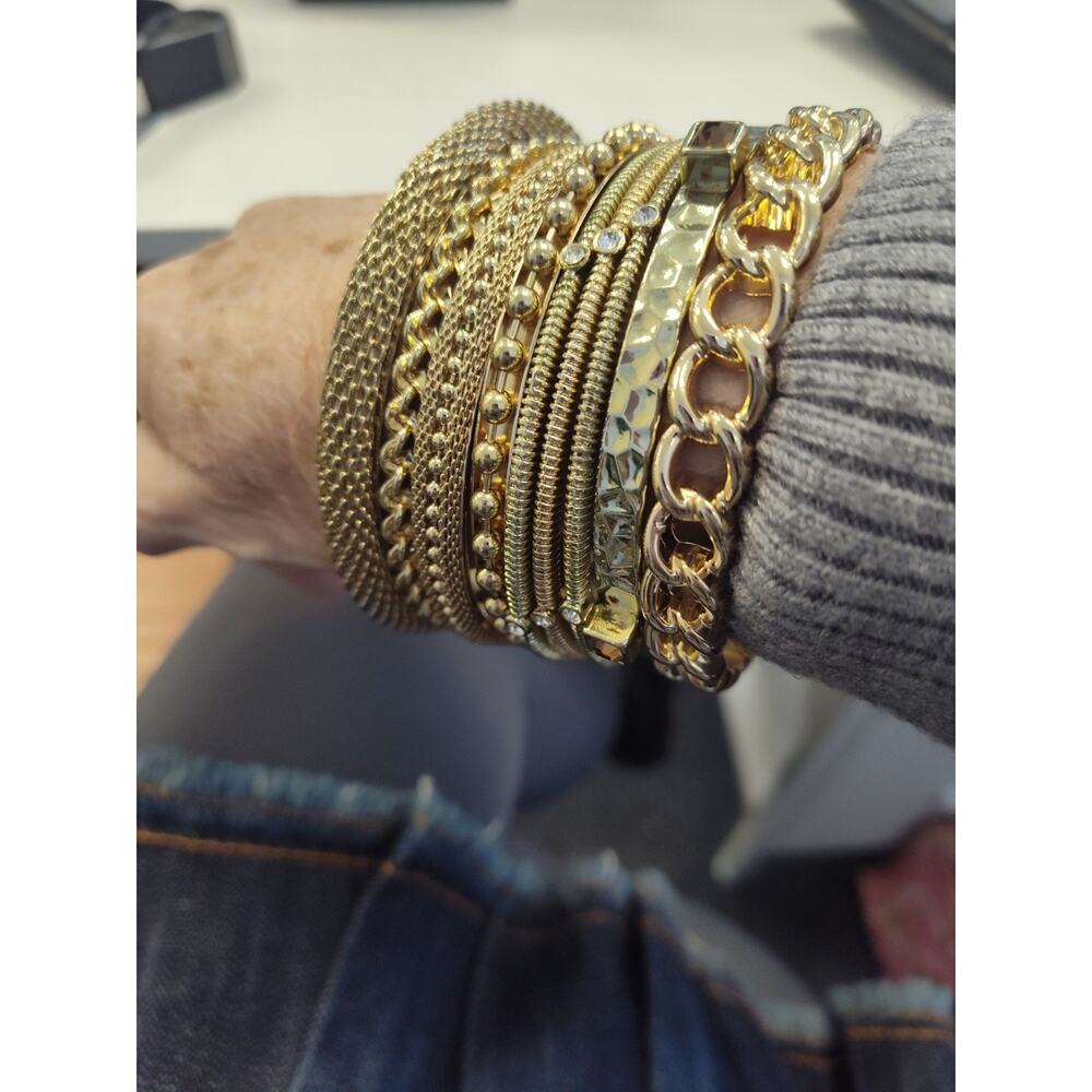 Womens Set of 9 Gold Tone Bangle Bracelets Textured Rhinestone 9-10" XL Graziano
